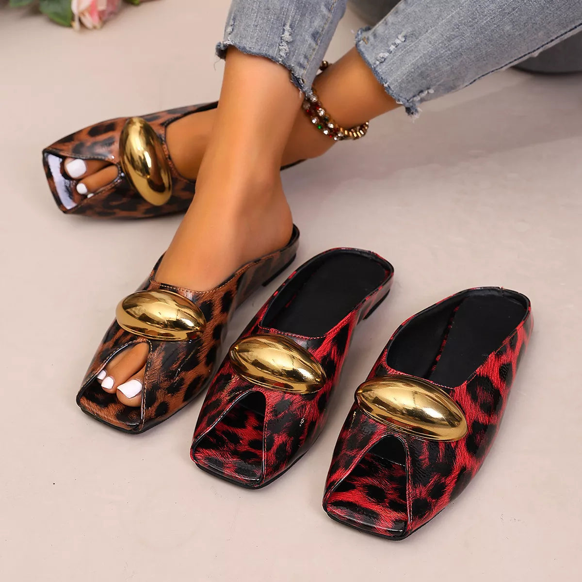 Plush Fashion Hub leopard open-toe sandals with plush straps and a stylish design, perfect for casual summer wear.