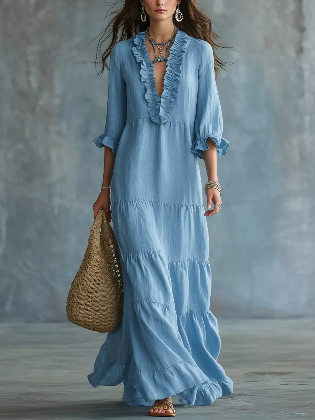 Ruffled V-neck tiered maxi dress from Trendsi featuring flowy fabric and layered design, perfect for summer or casual occasions.