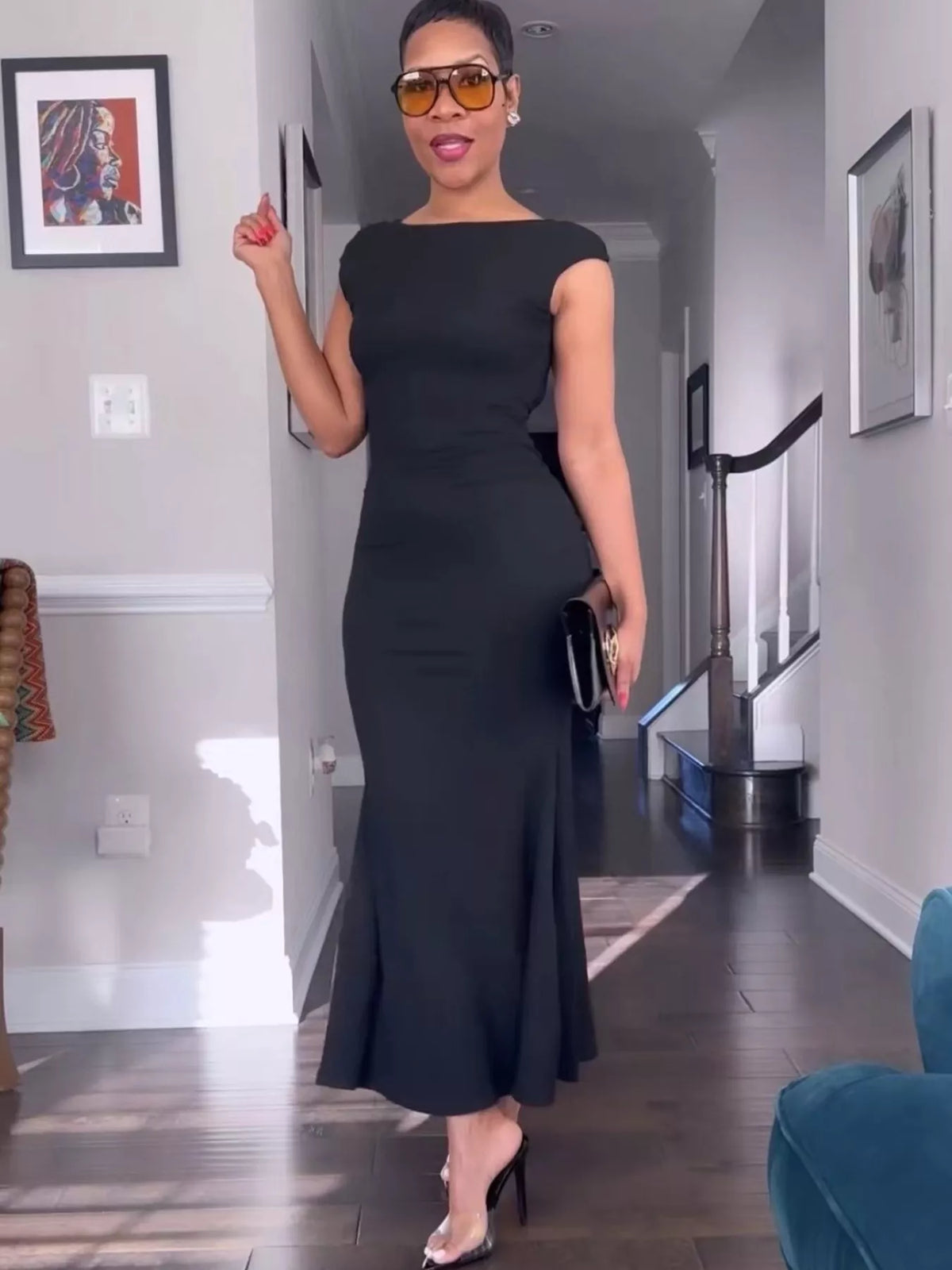 Plush Fashion Hub backless cap sleeve maxi dress in soft fabric, flowing design, perfect for elegant summer or evening wear.