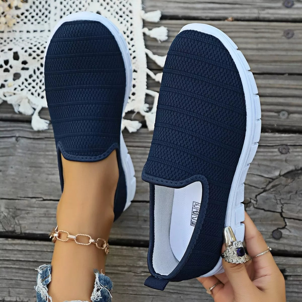 Women’s breathable mesh slip-on casual walking flats by Plush Fashion Hub, lightweight and comfortable shoes for everyday wear.