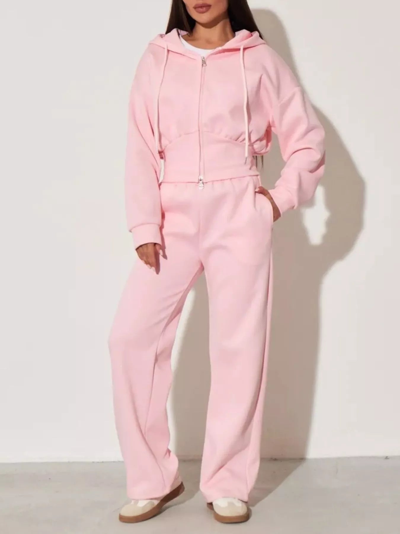 Plush Fashion Hub zip-up hoodie and wide-leg pants loungewear set, soft fabric, casual style, in neutral color with front pockets