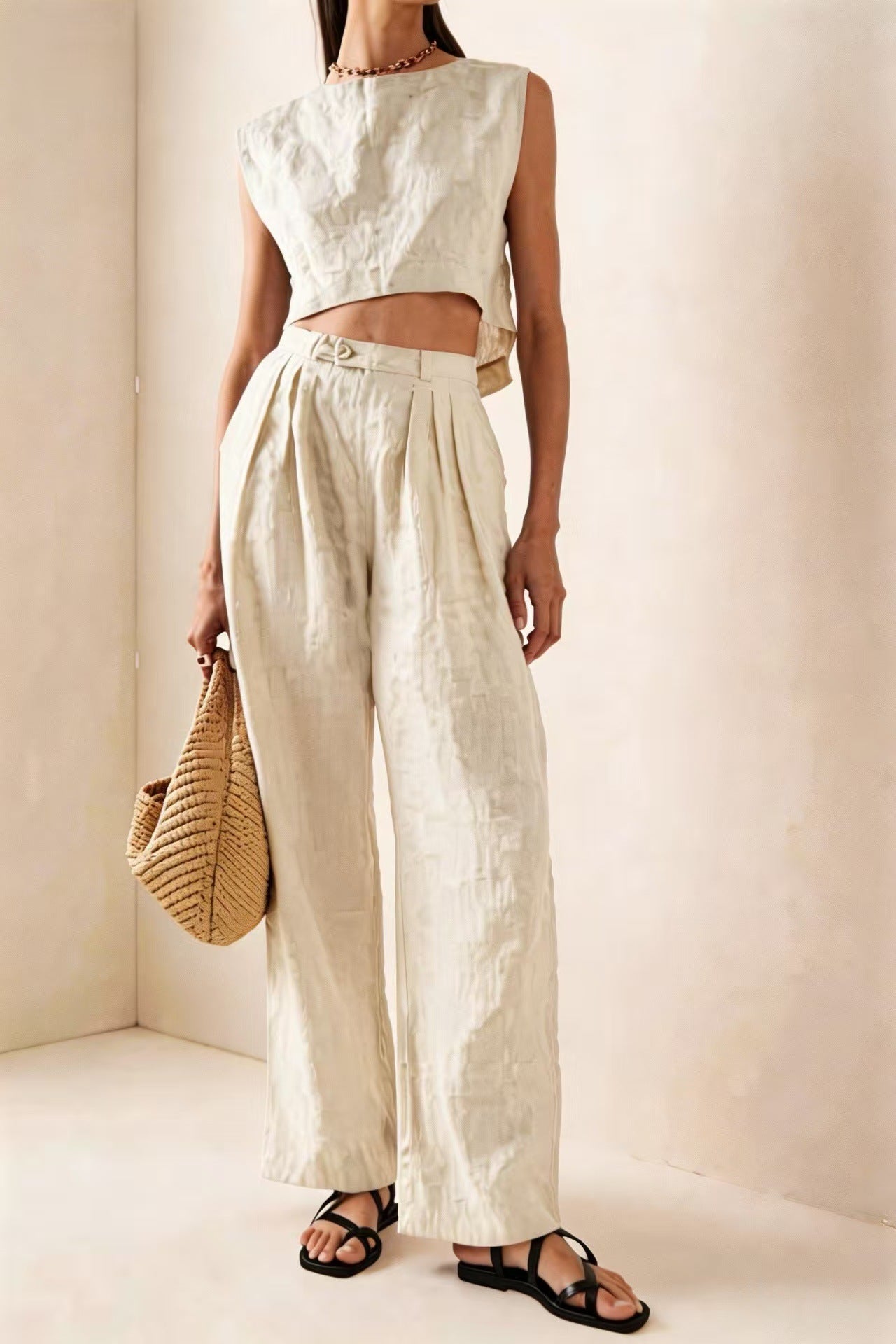 Women’s casual two-piece set with breathable t-shirt and relaxed pants from Plush Fashion Hub, shown on a model.