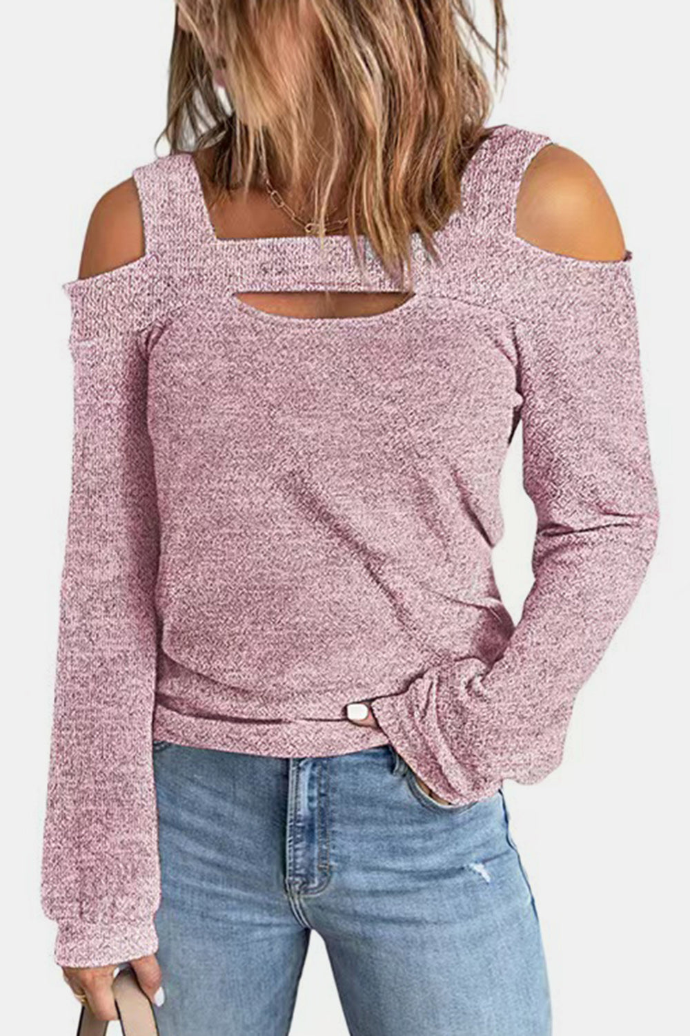 Elegant women's cold shoulder polyester blouse with cutout design, stylish top from Plush Fashion Hub.