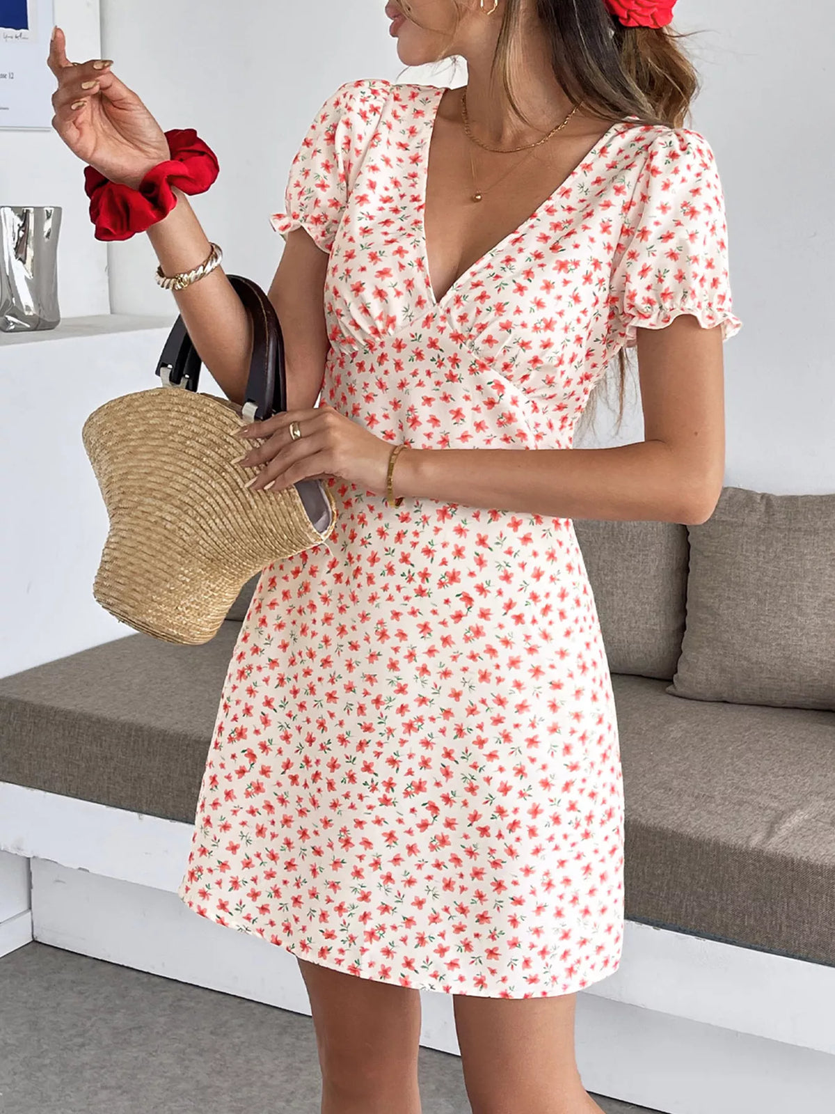 Floral print V-neck puff sleeve mini summer dress for women by Plush Fashion Hub, featuring a vibrant floral pattern and lightweight fabric.