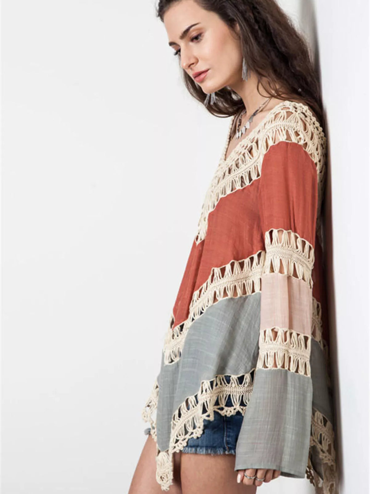 Crochet-trimmed long sleeve swim cover-up from Plush Fashion Hub, lightweight swimwear with decorative crochet details.