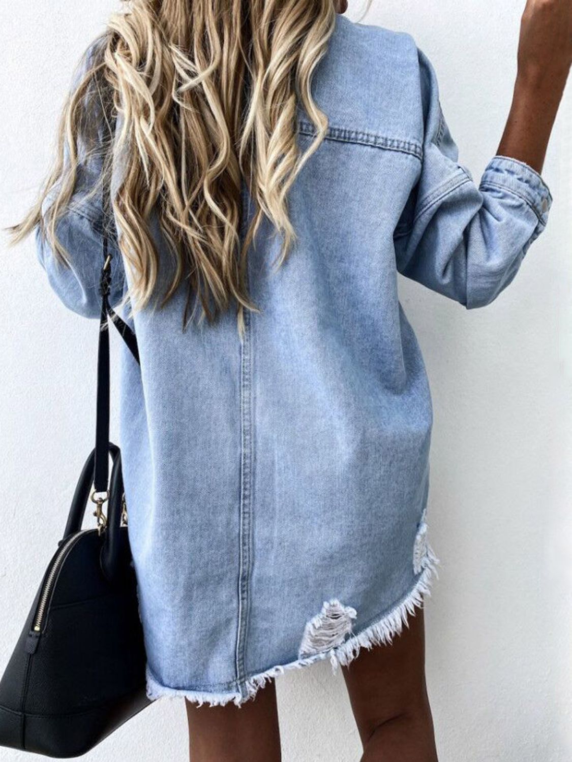 Raw hem collared long sleeve denim jacket by Plush Fashion Hub featuring classic design and stylish collar detail.