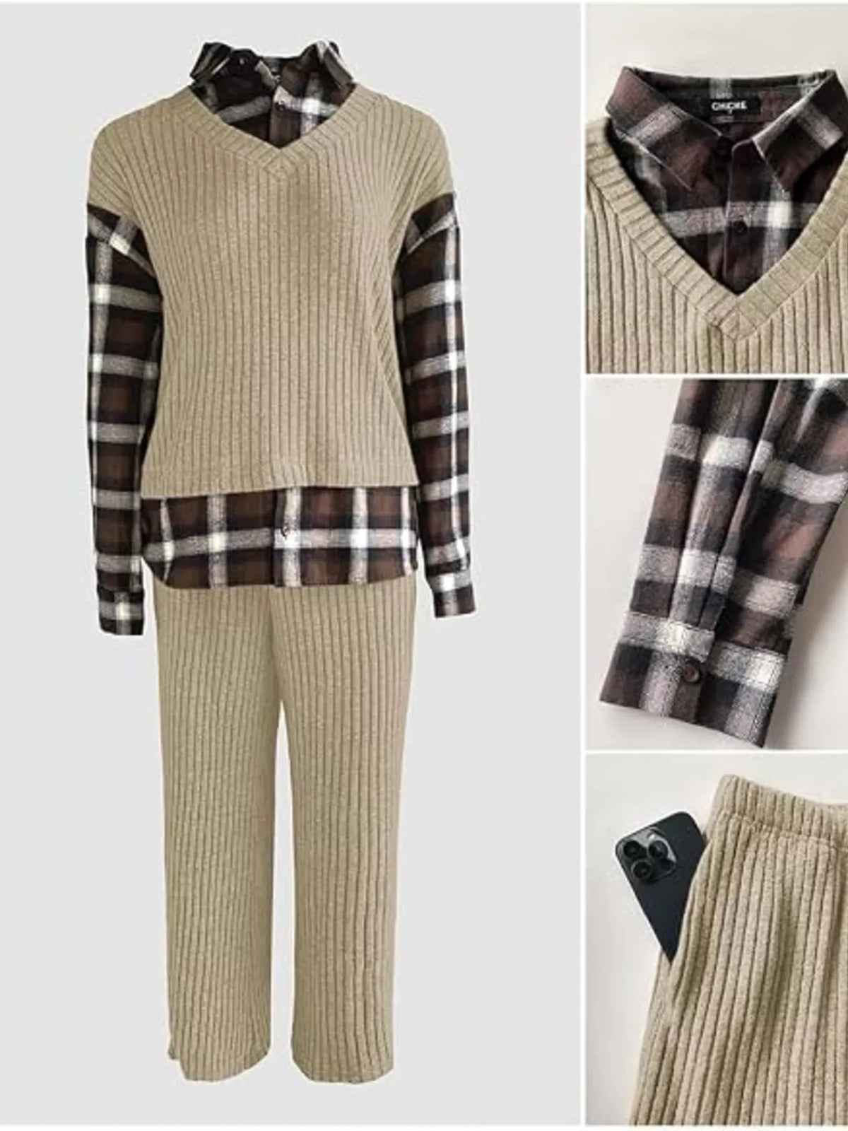 Ribbed knit plaid sleeve top and matching pants set by Trendsi, featuring a cozy, stylish design with plaid accents and ribbed fabric.