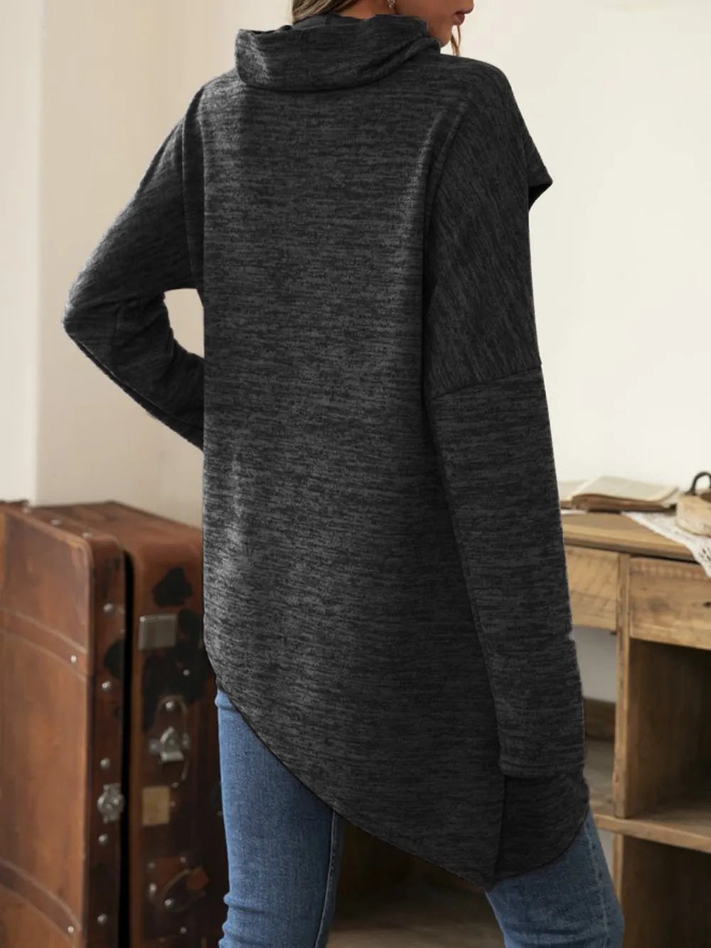 Long sleeve cowl neck t-shirt with asymmetrical hem from Plush Fashion Hub, featuring a relaxed fit and stylish design.