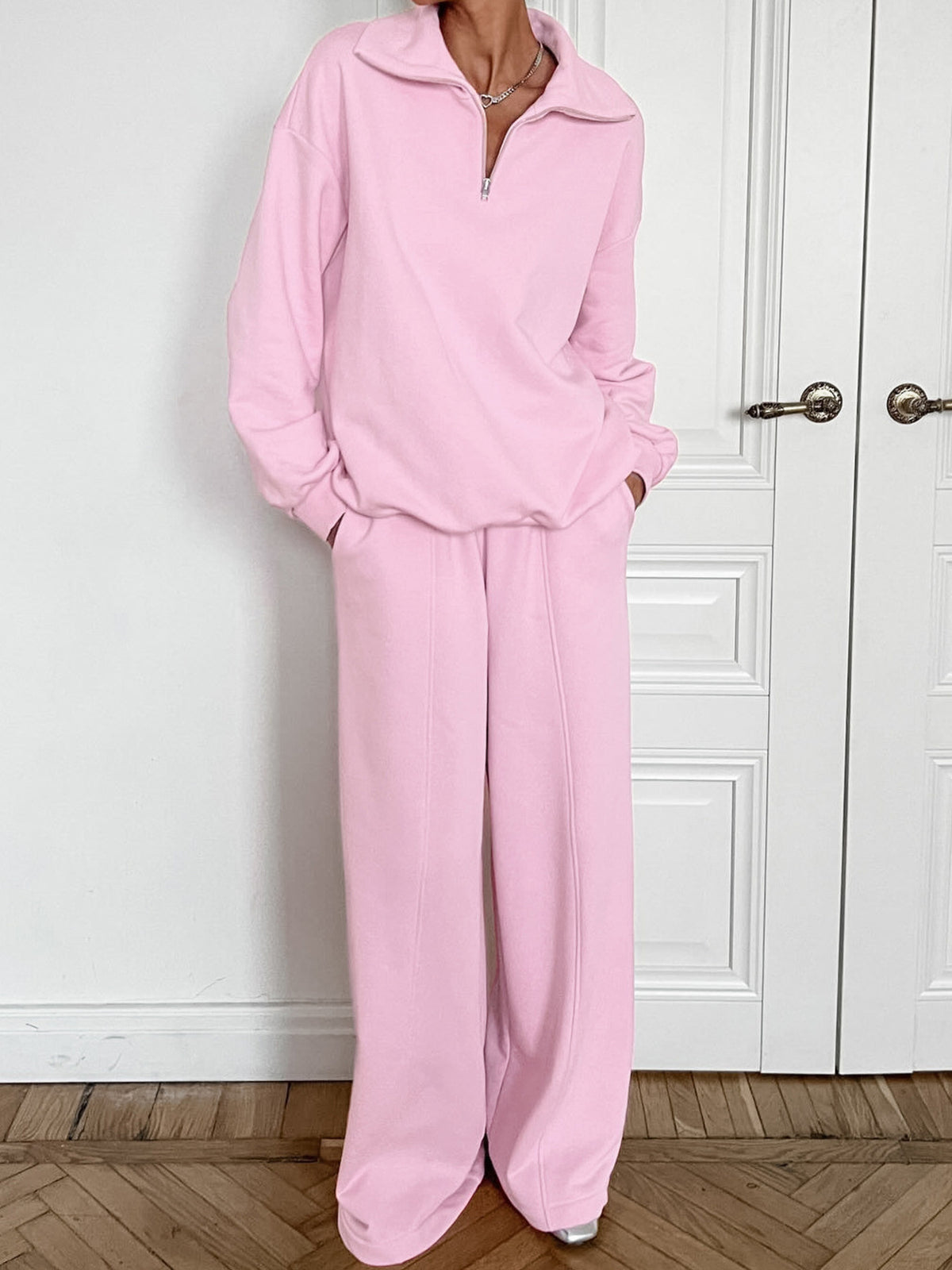 Women’s plush quarter zip long sleeve loungewear set in two-piece tracksuit, featuring a relaxed fit and comfortable fabric from Plush Fashion Hub.