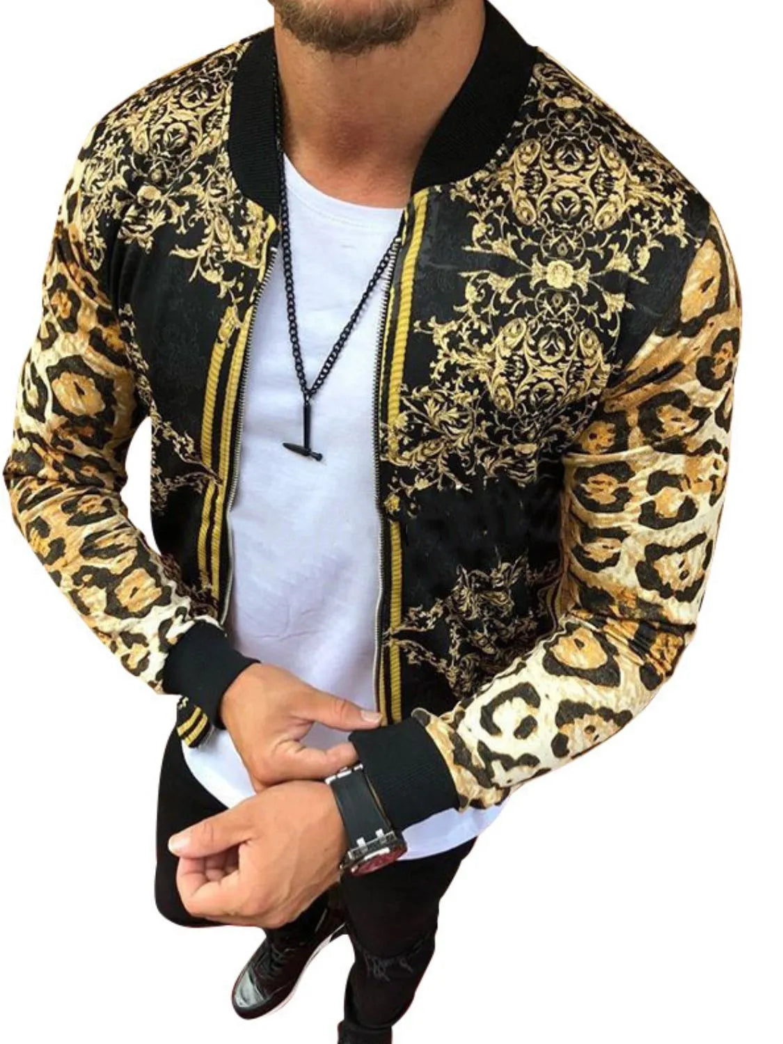 Men's printed zip-up hoodie from Trendsi, long sleeve plus size men's top with colorful graphic design and front zipper closure.