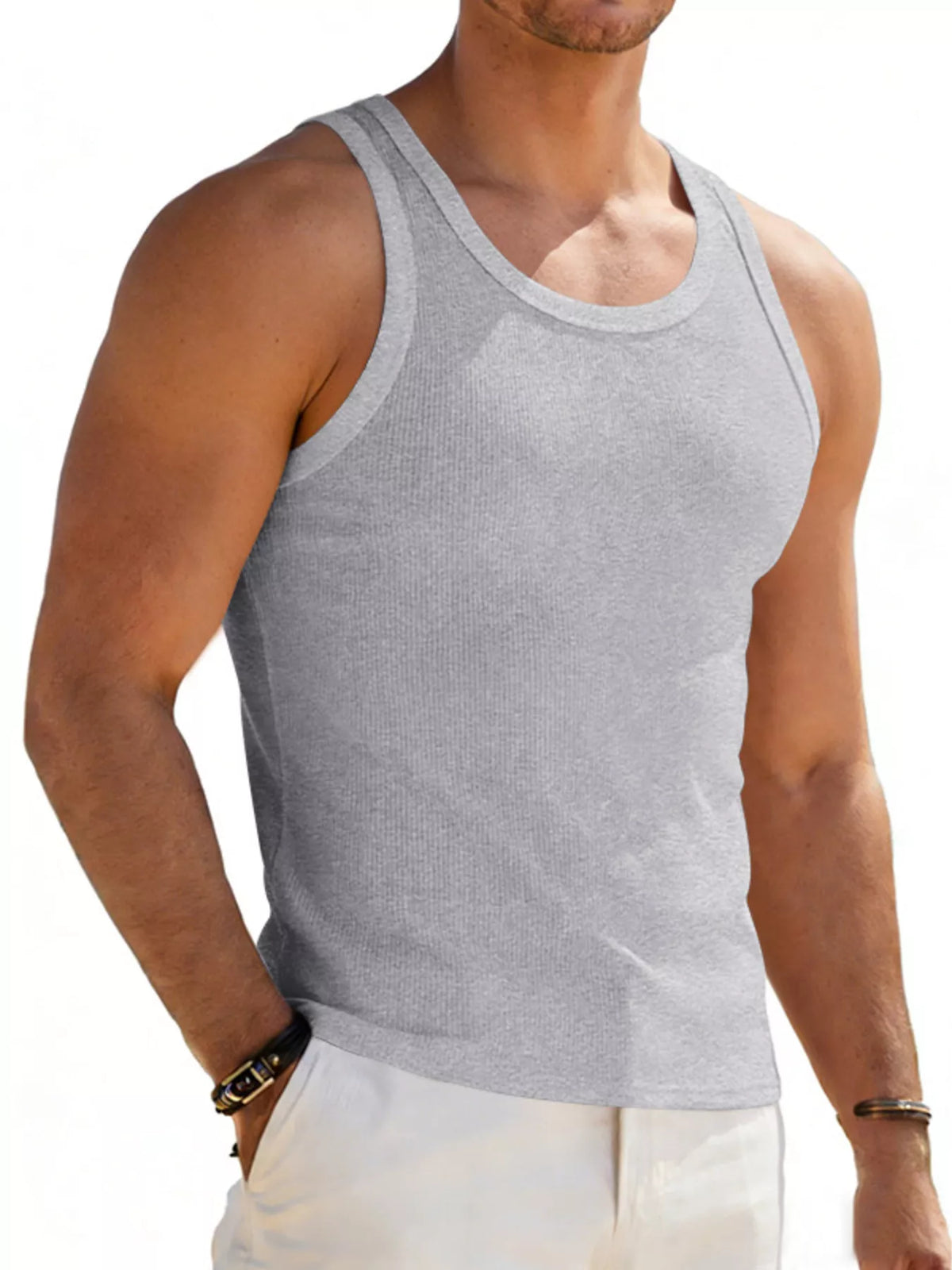 Plus size men's round neck tank top by Plush Fashion Hub, front view showing comfortable fit and soft fabric.