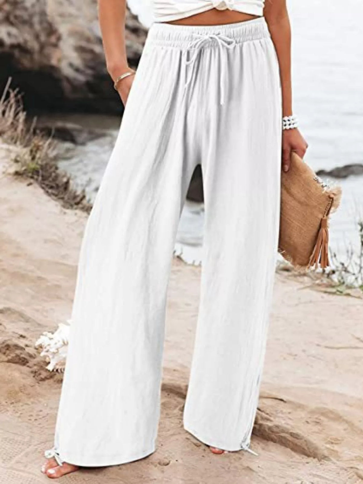 Plush Fashion Hub full size wide leg pants with drawstring waist, soft plush fabric, plus size, relaxed fit, stylish and comfortable.