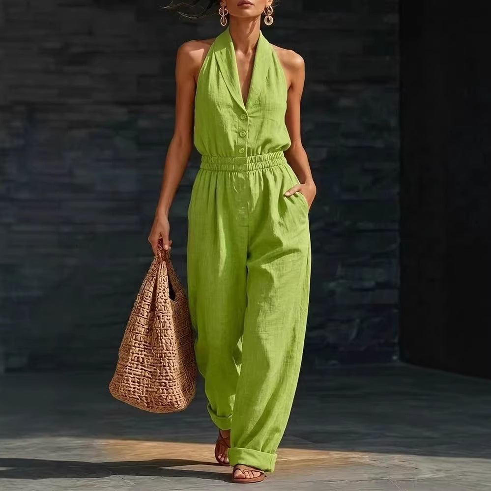Women's knitted V-neck slim-fit cropped jumpsuit by FitiqueFit, featuring a casual woven design with long sleeves and a fitted silhouette.
