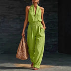 Women's knitted V-neck slim-fit cropped jumpsuit by FitiqueFit, featuring a casual woven design with long sleeves and a fitted silhouette.