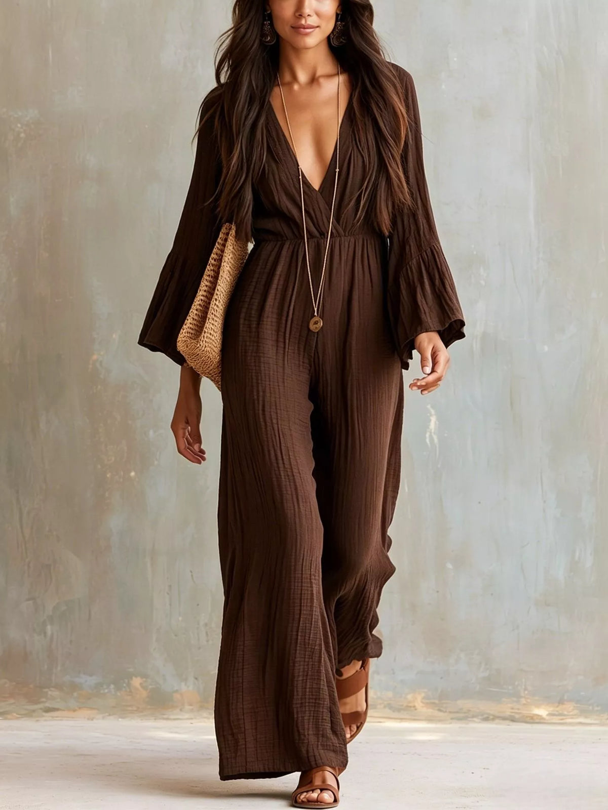 Textured flare sleeve jumpsuit for women with wide legs and stylish design, by Trendsi, shown on a model.