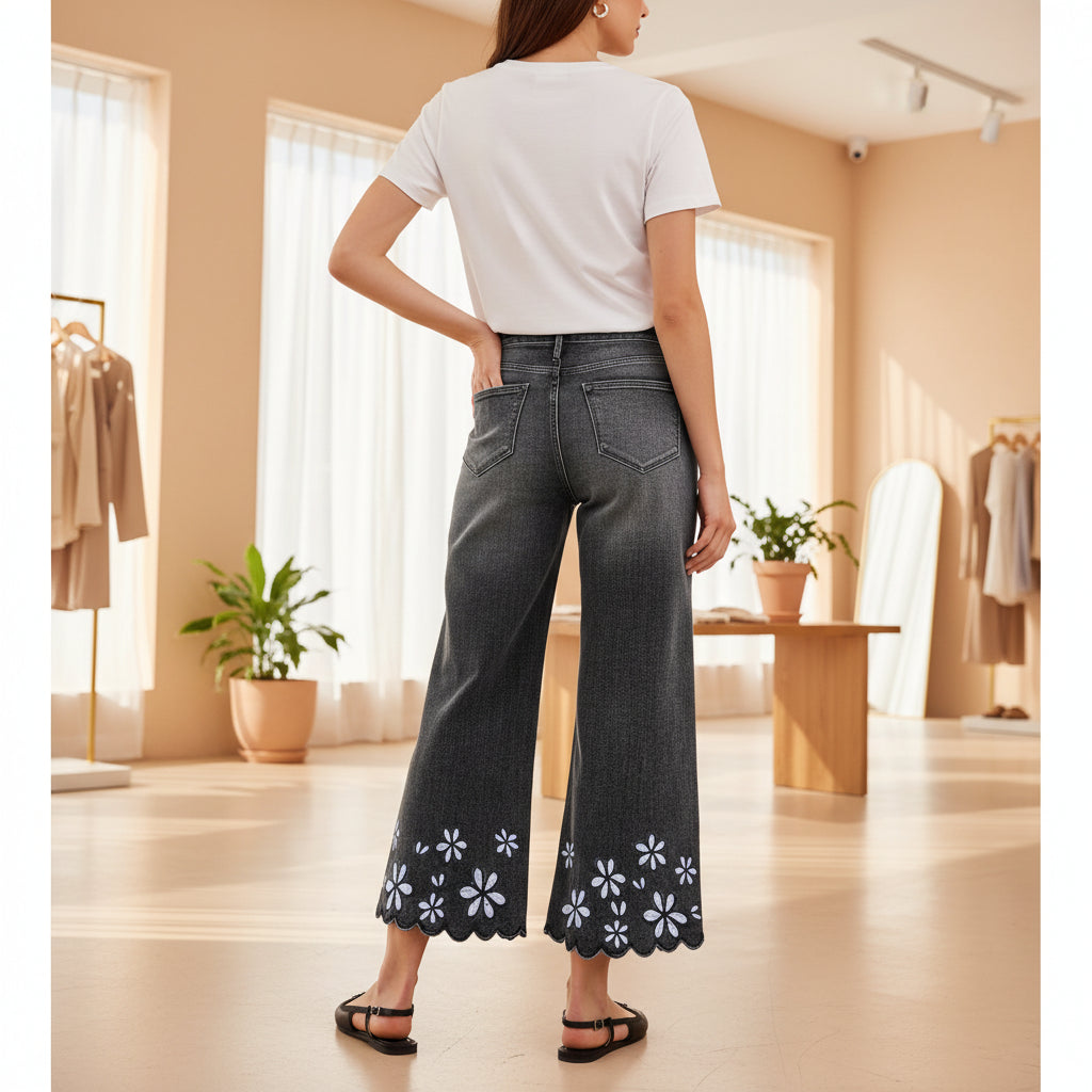 Women's loose straight-leg denim jeans with chrysanthemum embroidery, cropped casualwear by Plush Fashion Hub.