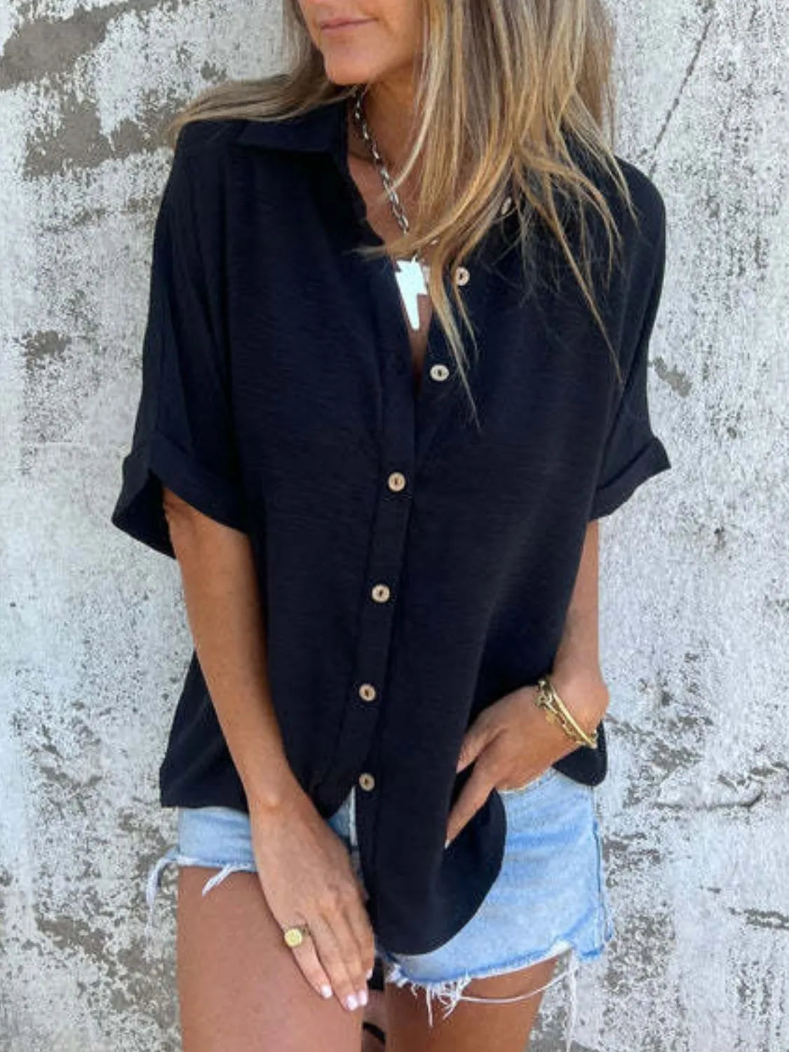 Women's half sleeve collared button-down office blouse by Plush Fashion Hub, featuring a classic design and tailored fit.
