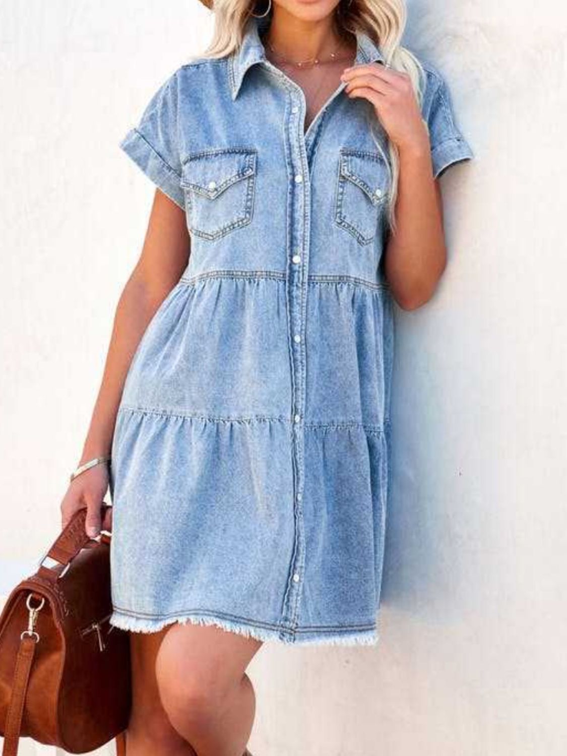 Raw hem short sleeve denim dress by Plush Fashion Hub, featuring a casual fit and stylish raw hem detail.