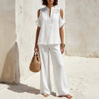 Women’s off-shoulder linen blend pantsuit set from Plush Fashion Hub featuring a short-sleeve top and matching pants.