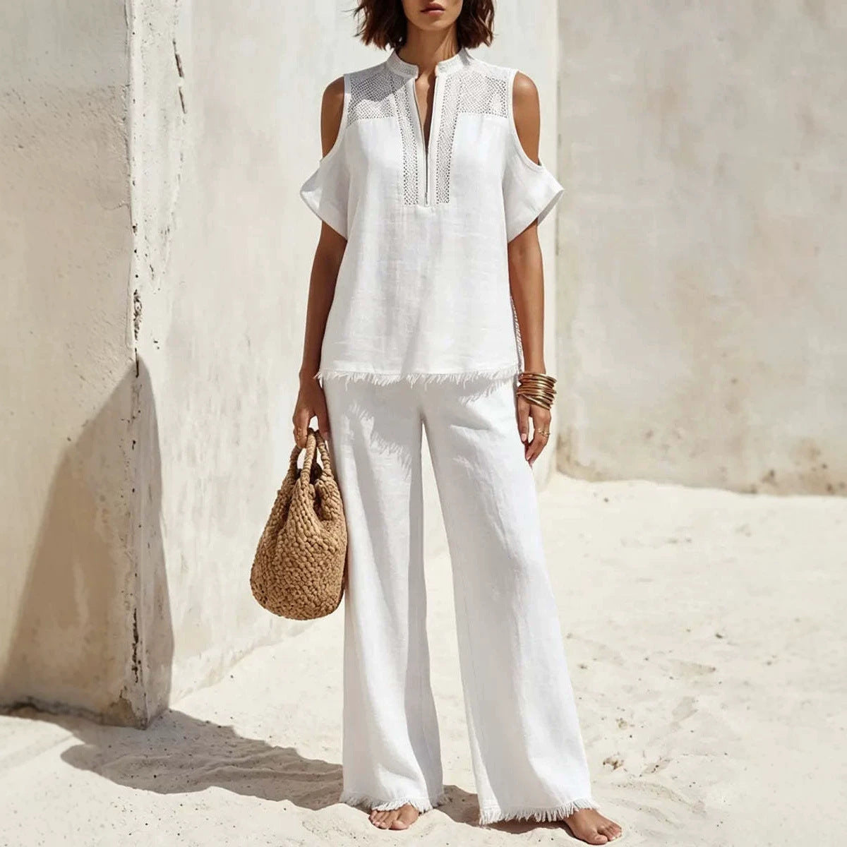 Women’s off-shoulder linen blend pantsuit set from Plush Fashion Hub featuring a short-sleeve top and matching pants.