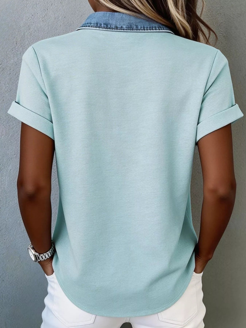 Denim trim short sleeve shirt from Trendsi featuring a casual top with denim accents and a classic collar.