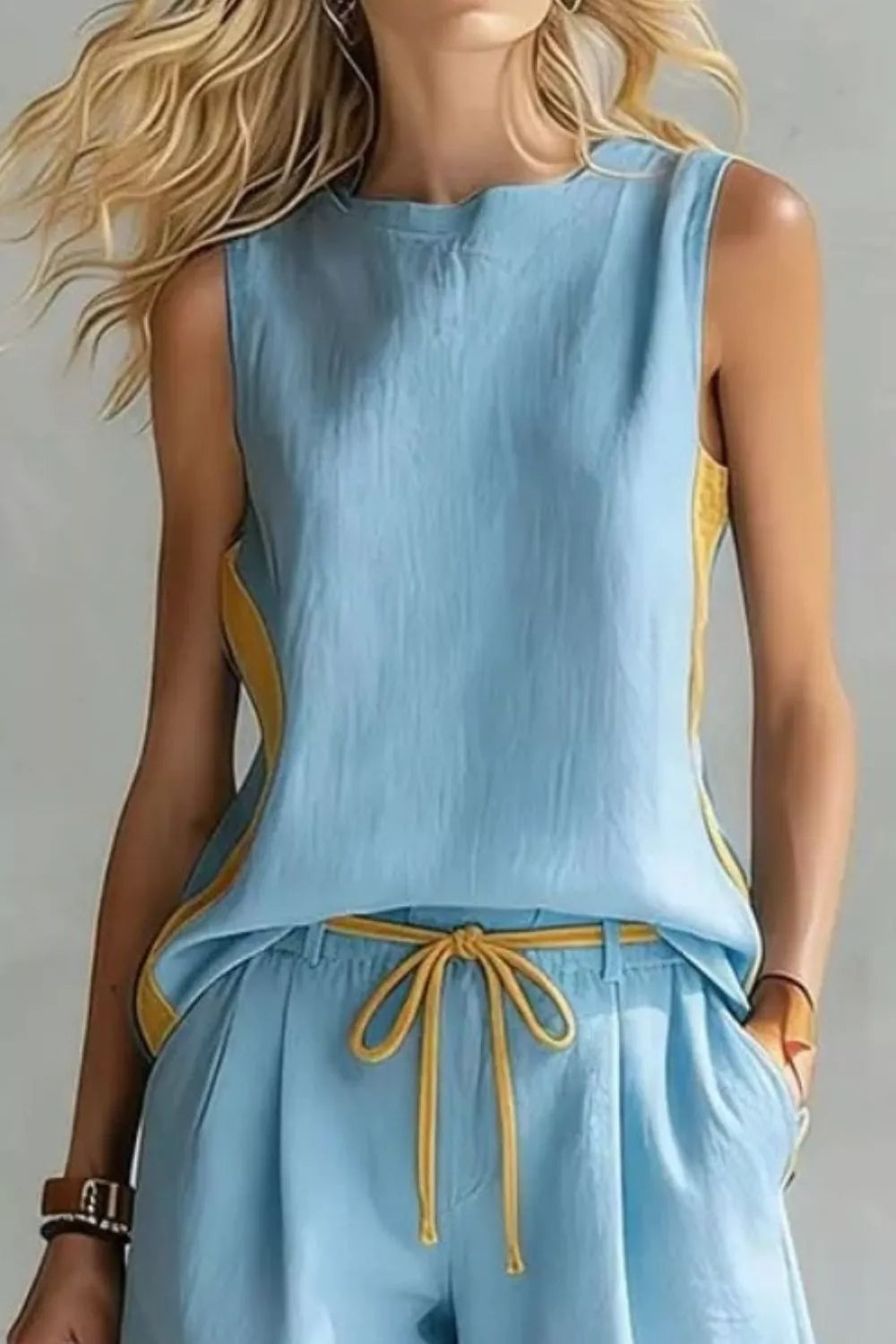 Plush Fashion Hub contrast trim sleeveless tank and shorts loungewear set, comfortable casual clothing for relaxing or lounging.
