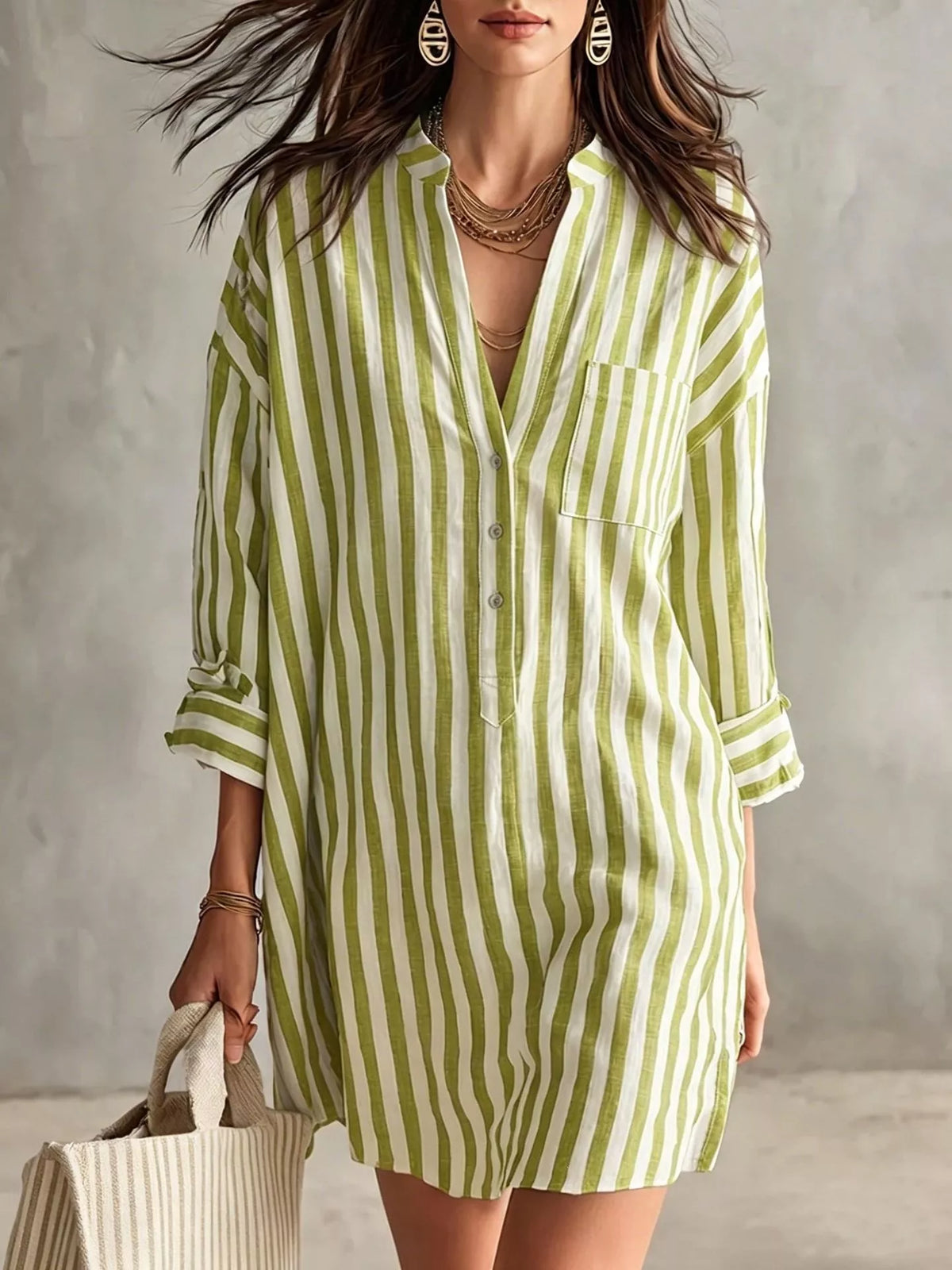 Plus size striped shirt dress with 3/4 sleeves from Trendsi, featuring a casual, comfortable fit and stylish design.