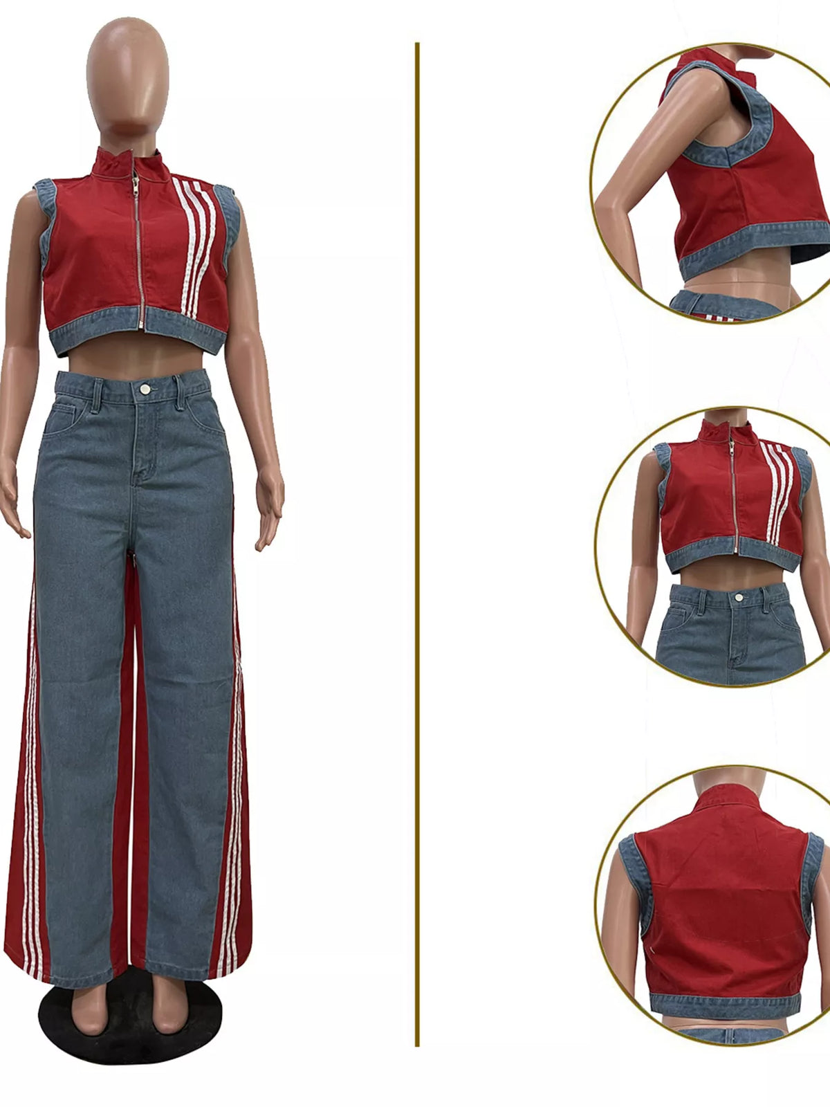 Zip front crop top and striped pants two-piece set by Plush Fashion Hub, shown in a stylish, coordinated outfit.