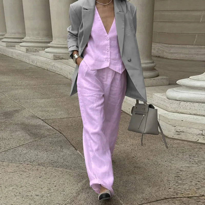 Women’s V-neck button-front vest and high-waist pants set from FitiqueFit, styled together for casualwear, with a relaxed fit and soft fabric.