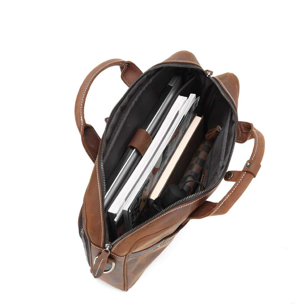 Pi-Mart leather men's shoulder briefcase with laptop compartment, stylish horse leather briefcase for professional use.