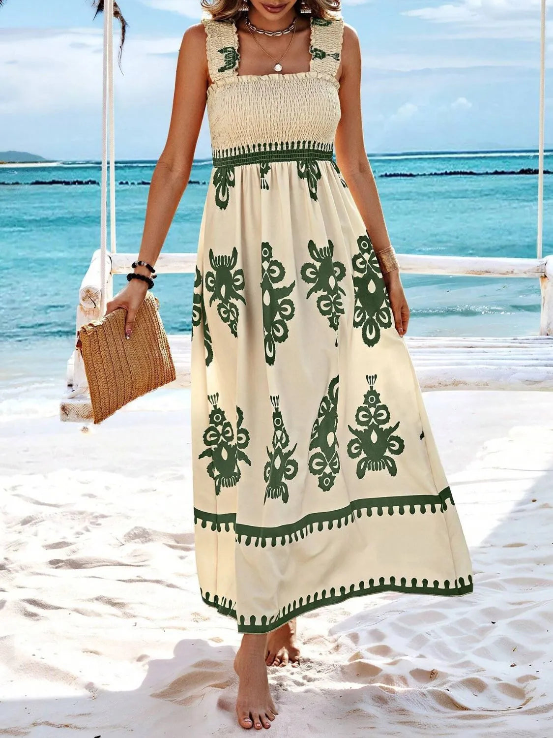 Plush Fashion Hub smocked printed wide strap maxi dress with flowing fabric and vibrant floral pattern, perfect for summer wear.