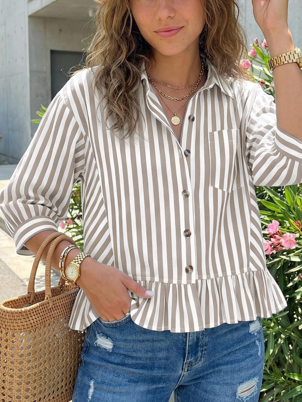 Women’s striped button-down blouse by Plush Fashion Hub featuring lightweight viscose fabric and a ruffled hem.