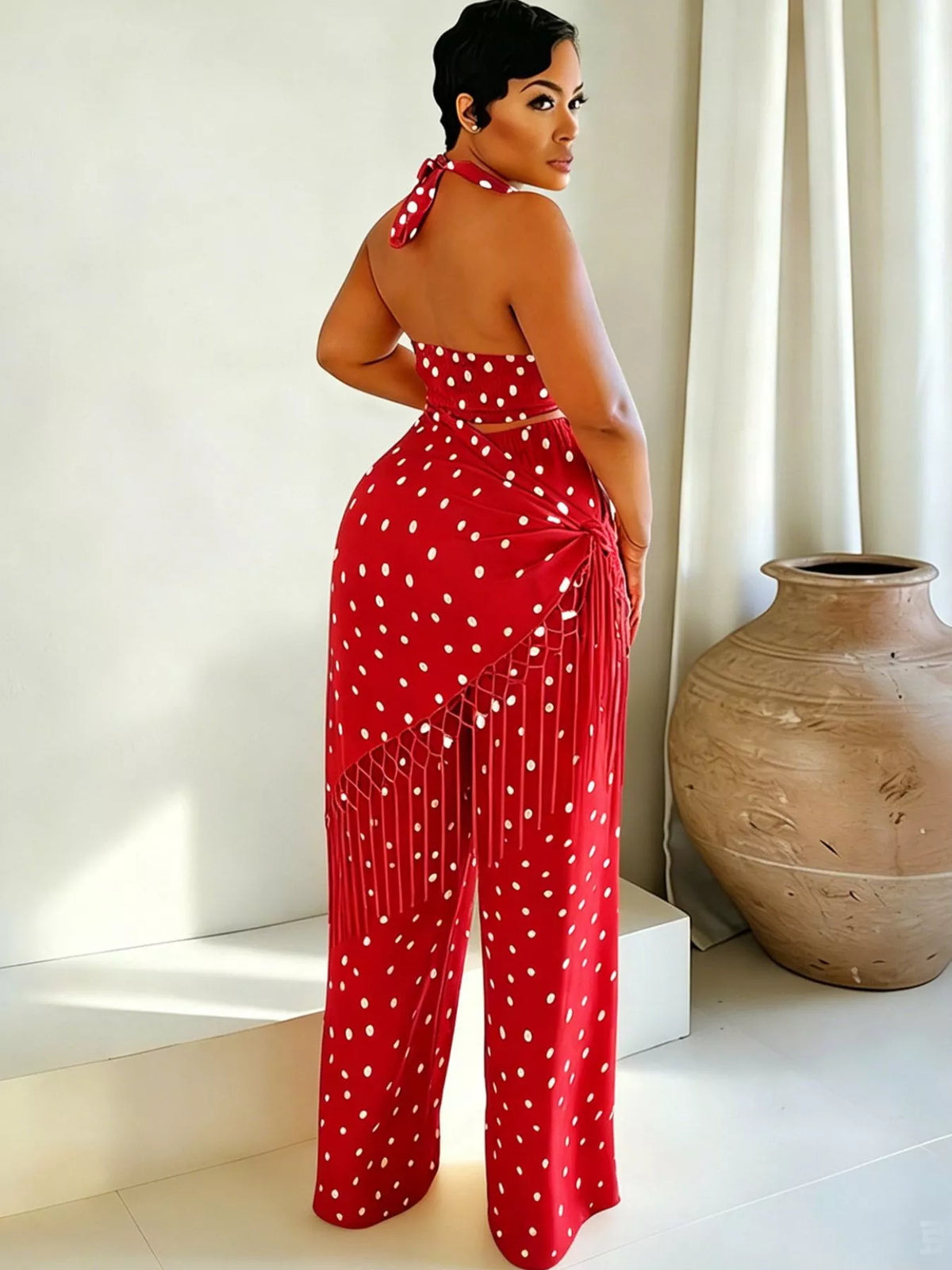Polka dot halter neck cami and fringe trim pants set by Plush Fashion Hub, featuring rings and stylish summer fashion.