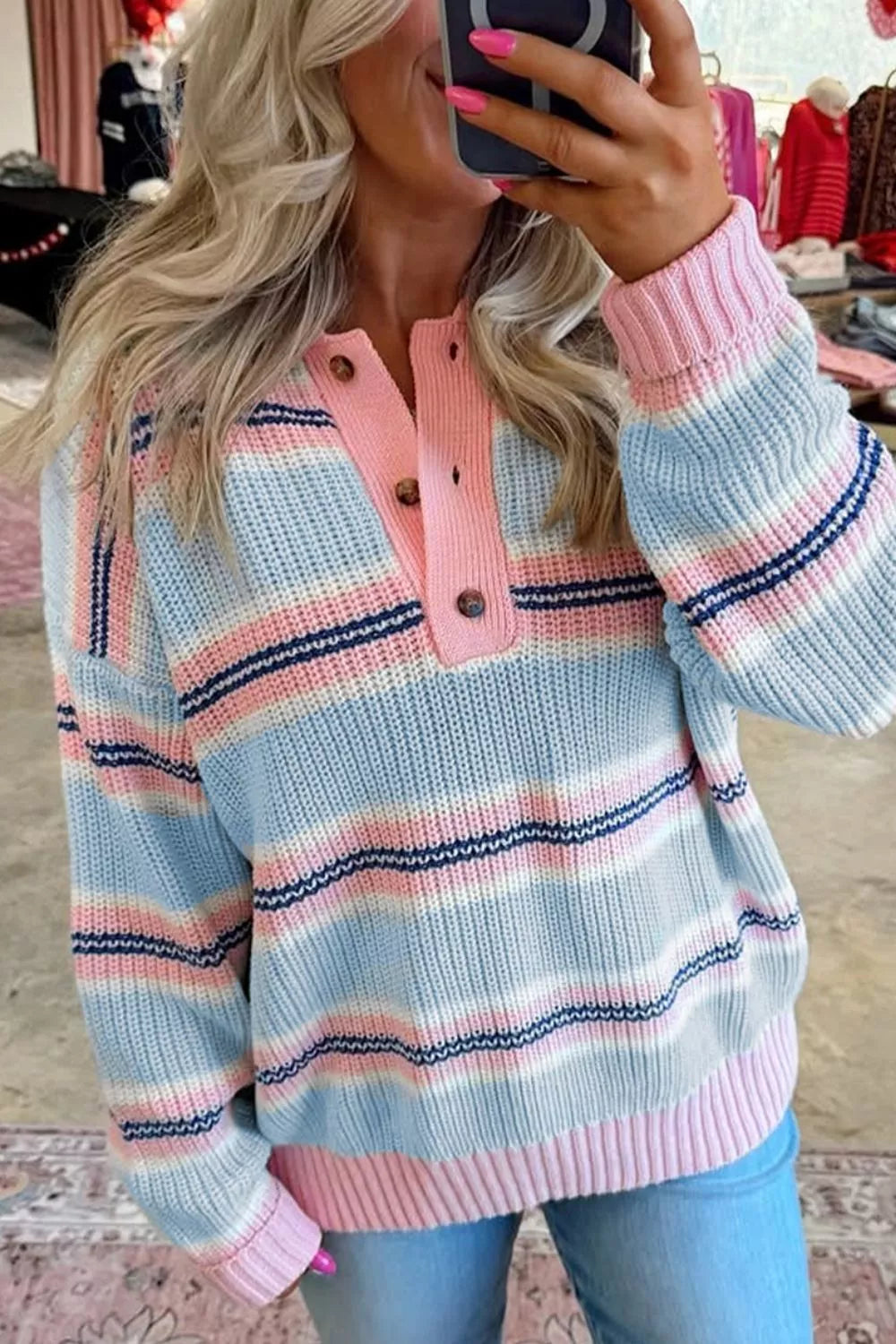 Striped button collar long sleeve knit sweater by Trendsi, featuring a cozy design with horizontal stripes and a button-up neckline.