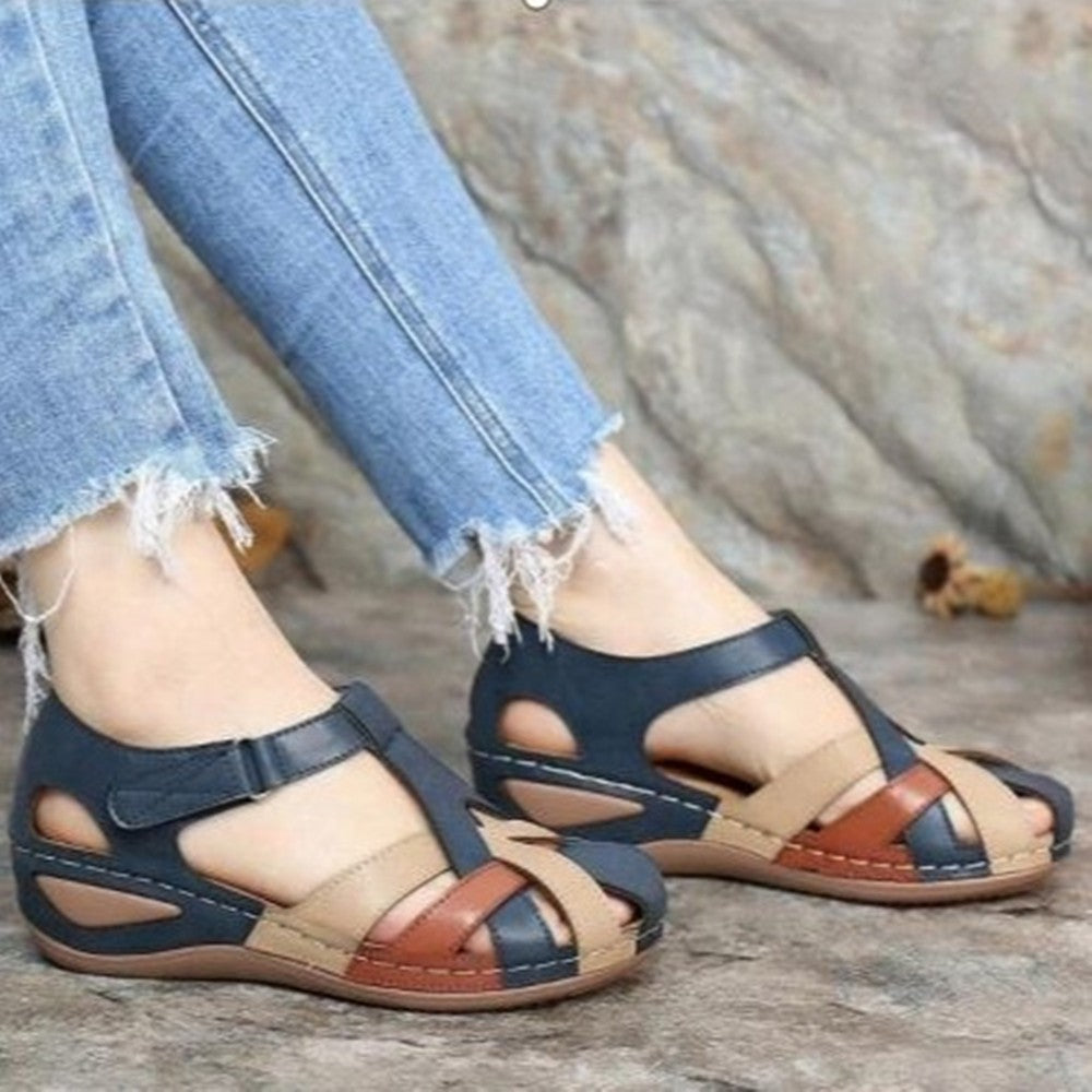 Vintage round toe wedge sandals for women with cross buckle details, featuring a stylish design and comfortable heel from LadyShow.