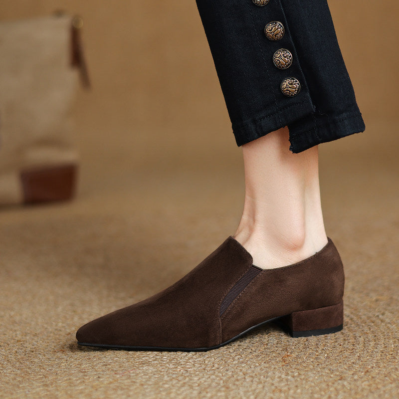 Women's plush suede pointed toe pumps with chunky heels and deep vamp low heel, stylish footwear from Plush Fashion Hub.