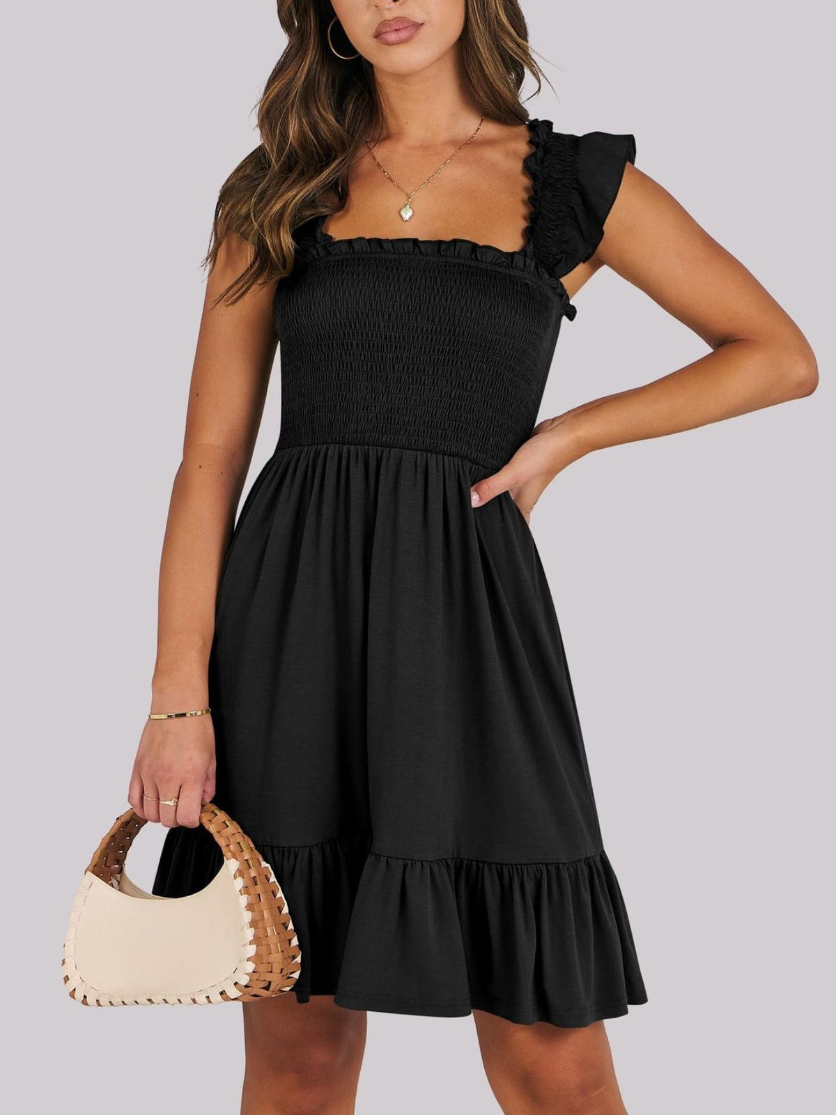 Women's lightweight summer dress with smocked bodice and ruffle hem from Plush Fashion Hub, casual mini dress for warm weather.