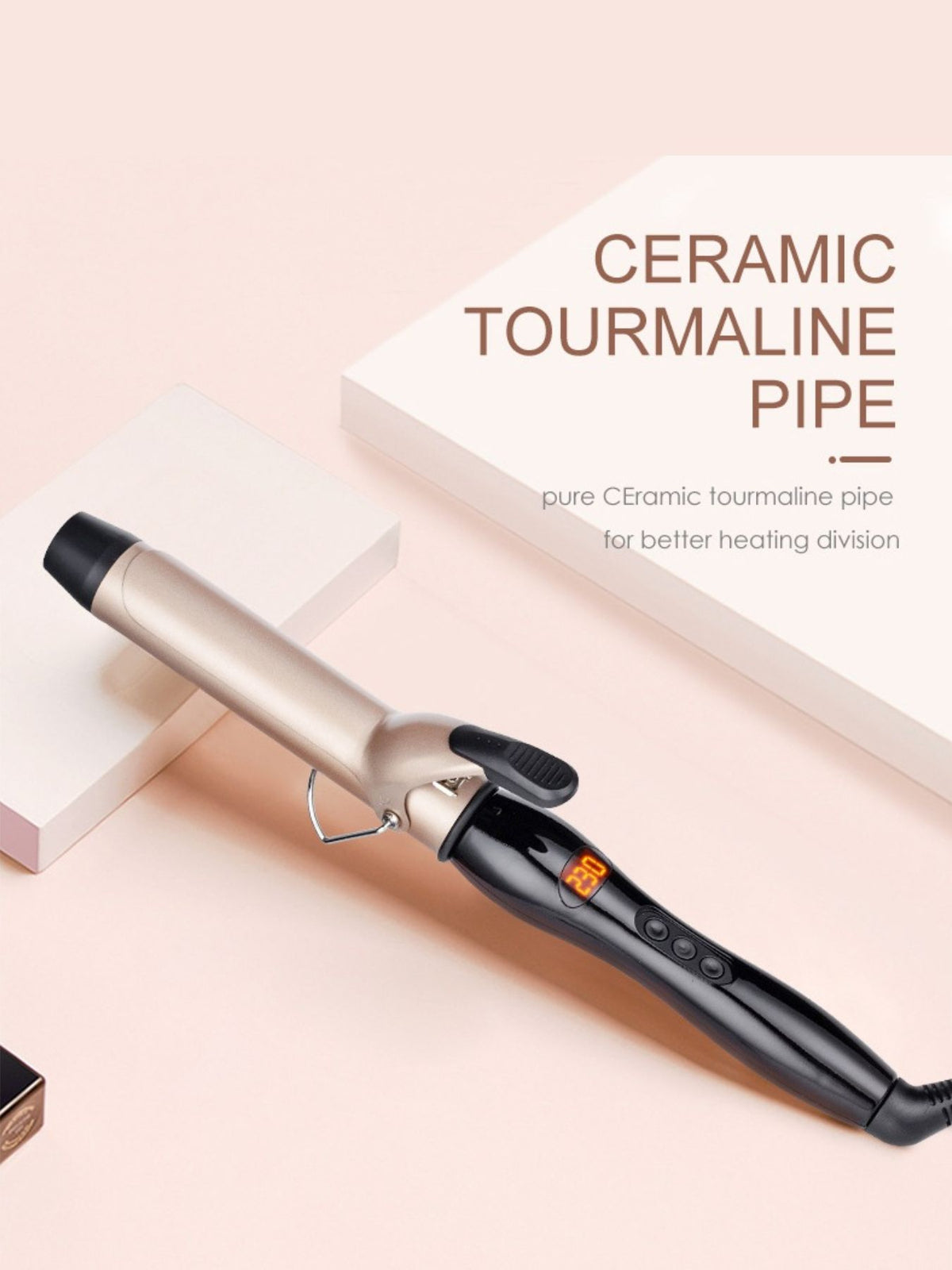 Ceramic curling iron from Plush Fashion Hub with fast heating, professional anti-scald design for easy hair styling.