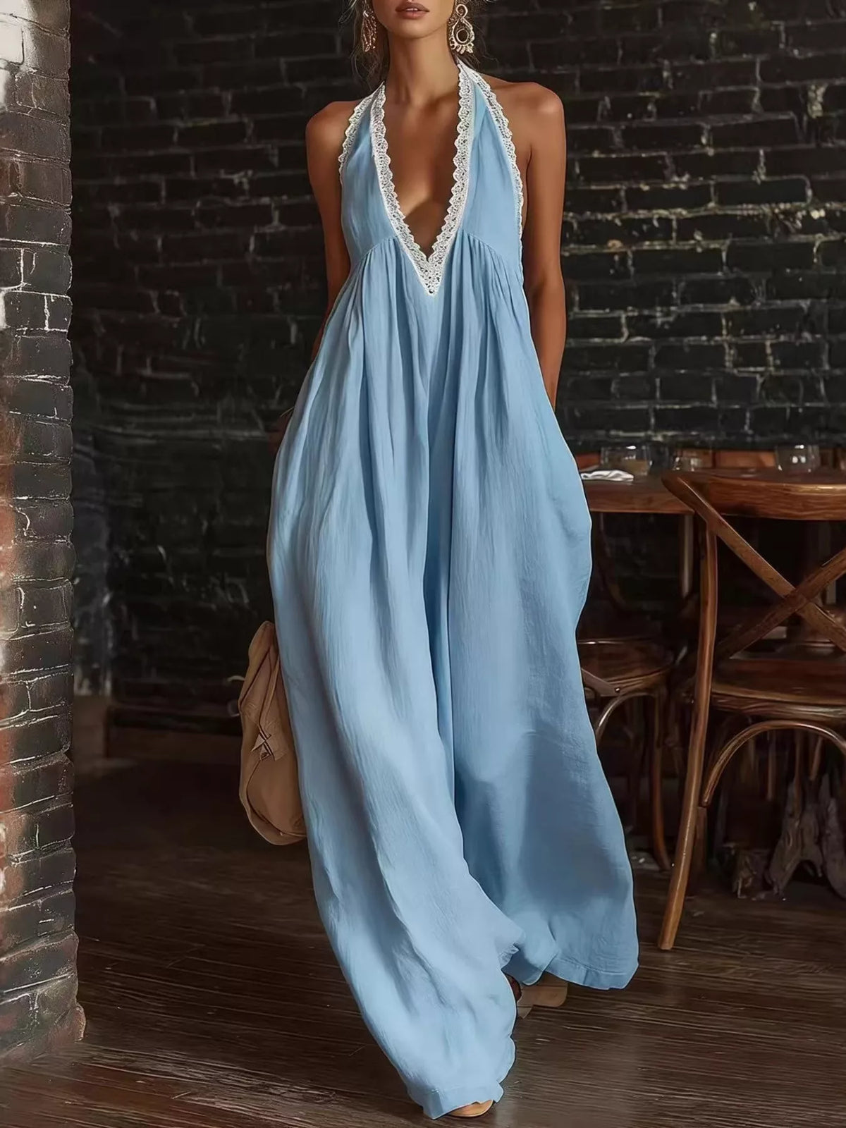 Plus size halter neck lace trim wide-leg jumpsuit by Plush Fashion Hub, featuring a stylish design and flowing wide-leg silhouette.