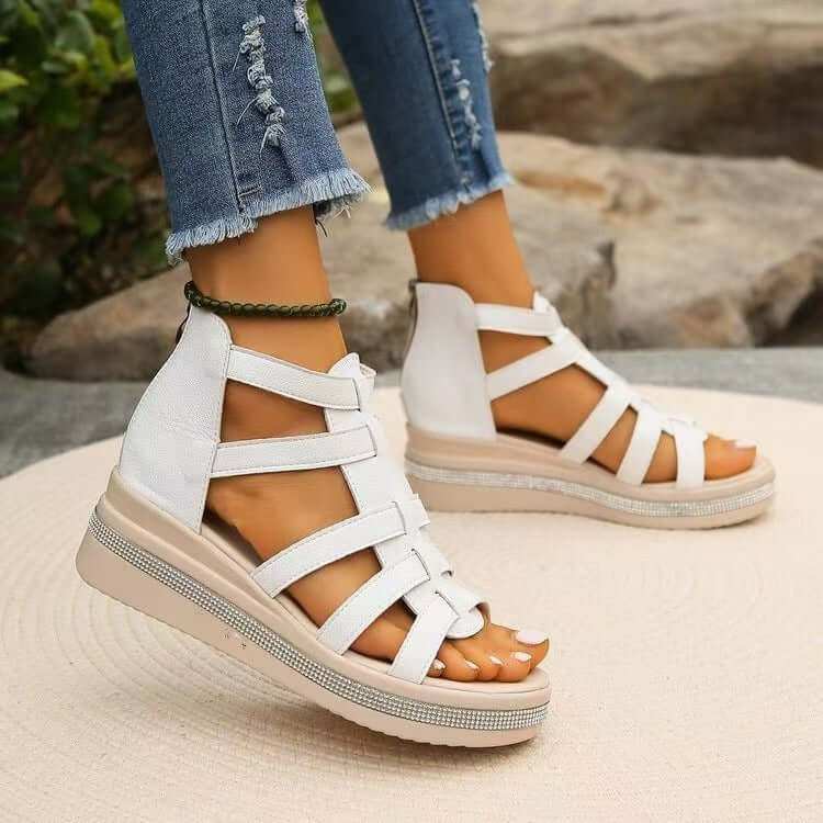 Cutout Rhinestone Trim Wedge Sandals with white straps and wedge heel.