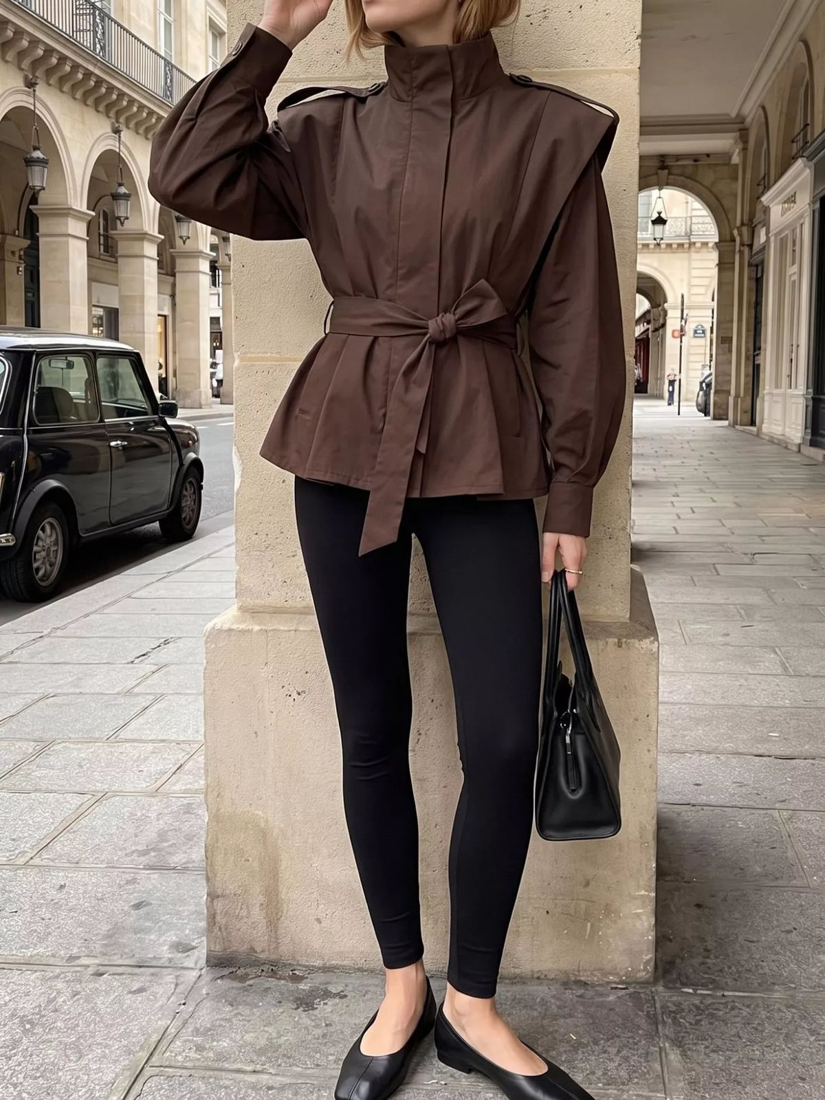 Trendsi stand-collar belted outerwear featuring a stylish collar, belt, and tailored fit, perfect for layered winter fashion.