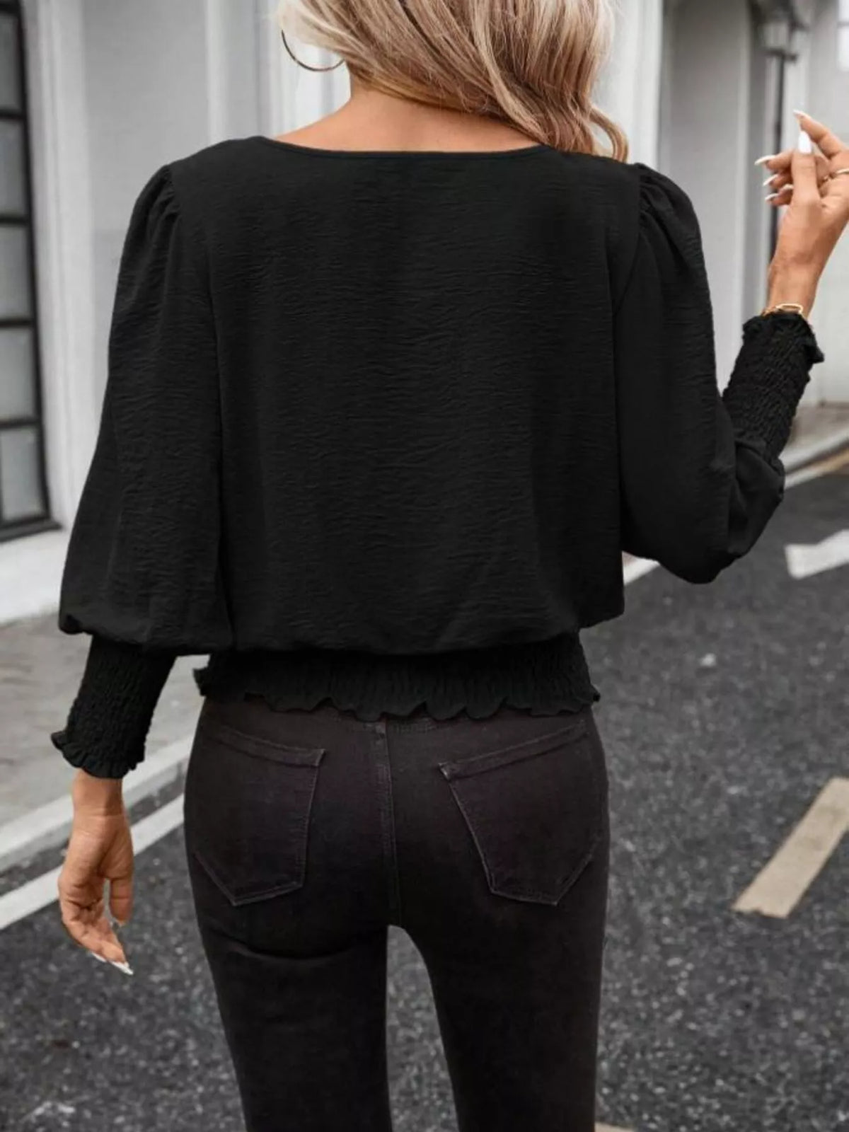 Plush Fashion Hub puff sleeve smocked blouse with ruffled details, lightweight fabric, and a feminine, stylish fit.
