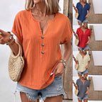 Women's white buttoned V-neck short-sleeve T-shirt top by LadyShow.Store, featuring a casual fit and front button details.