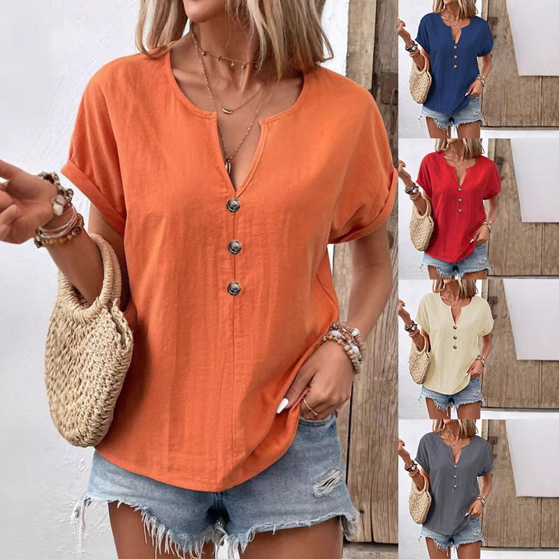 Women's white buttoned V-neck short-sleeve T-shirt top by LadyShow.Store, featuring a casual fit and front button details.