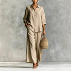 FitiqueFit cotton-linen shirt and wide-leg pants suit in six colors, casualwear for women, featuring a relaxed fit and stylish design.
