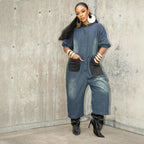 Color-Block Patchwork Denim Wide-Leg Jumpsuit