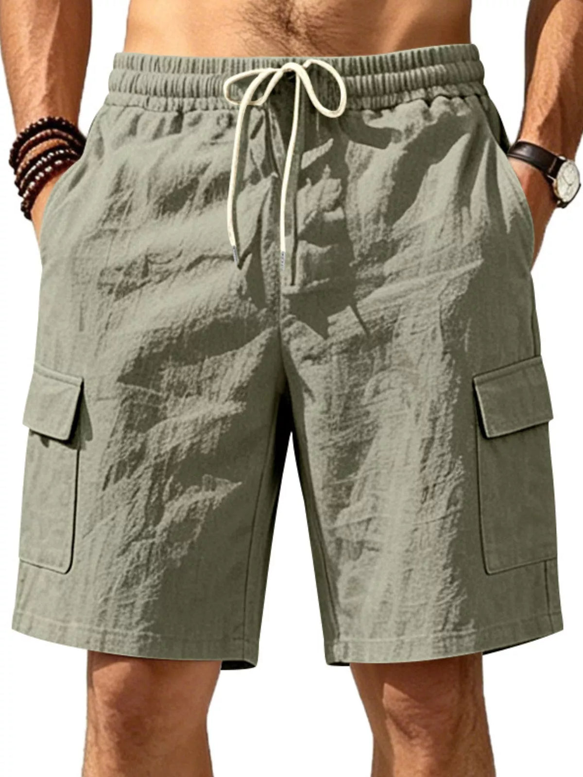Plus size men's casual cargo shorts with drawstring waist from Plush Fashion Hub, featuring multiple pockets and relaxed fit.