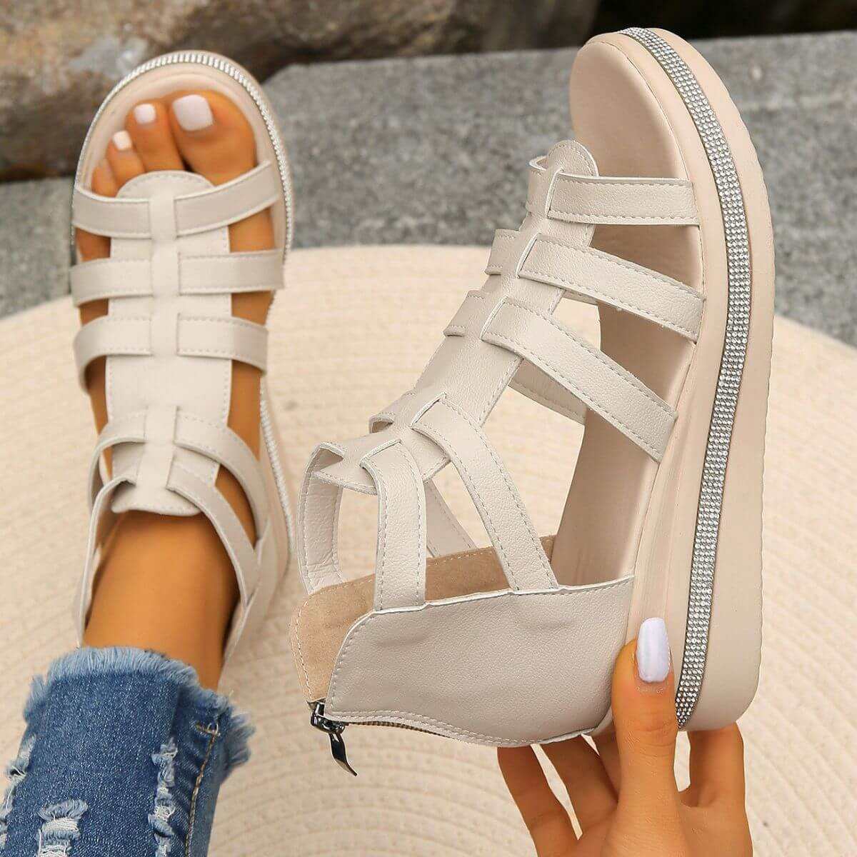 Cutout Rhinestone Trim Wedge Sandals with comfortable wedge heel and elastomer materials.