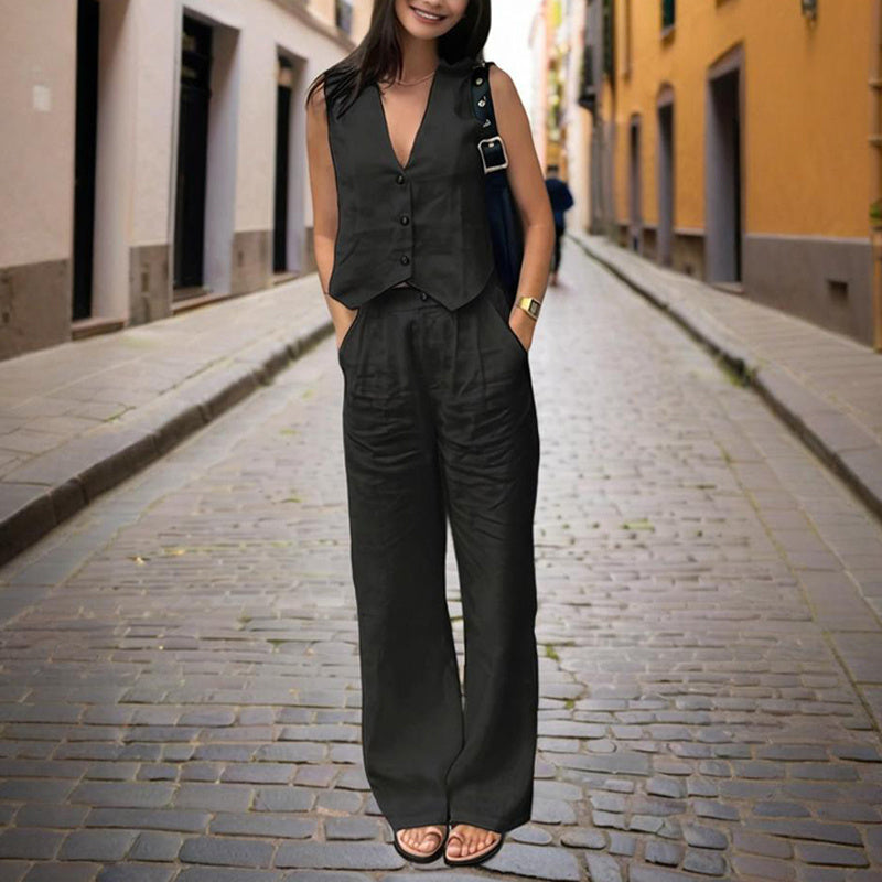 Women’s V‑neck button-front vest and high‑waist pants casualwear set by FitiqueFit, featuring a stylish vest and matching pants.