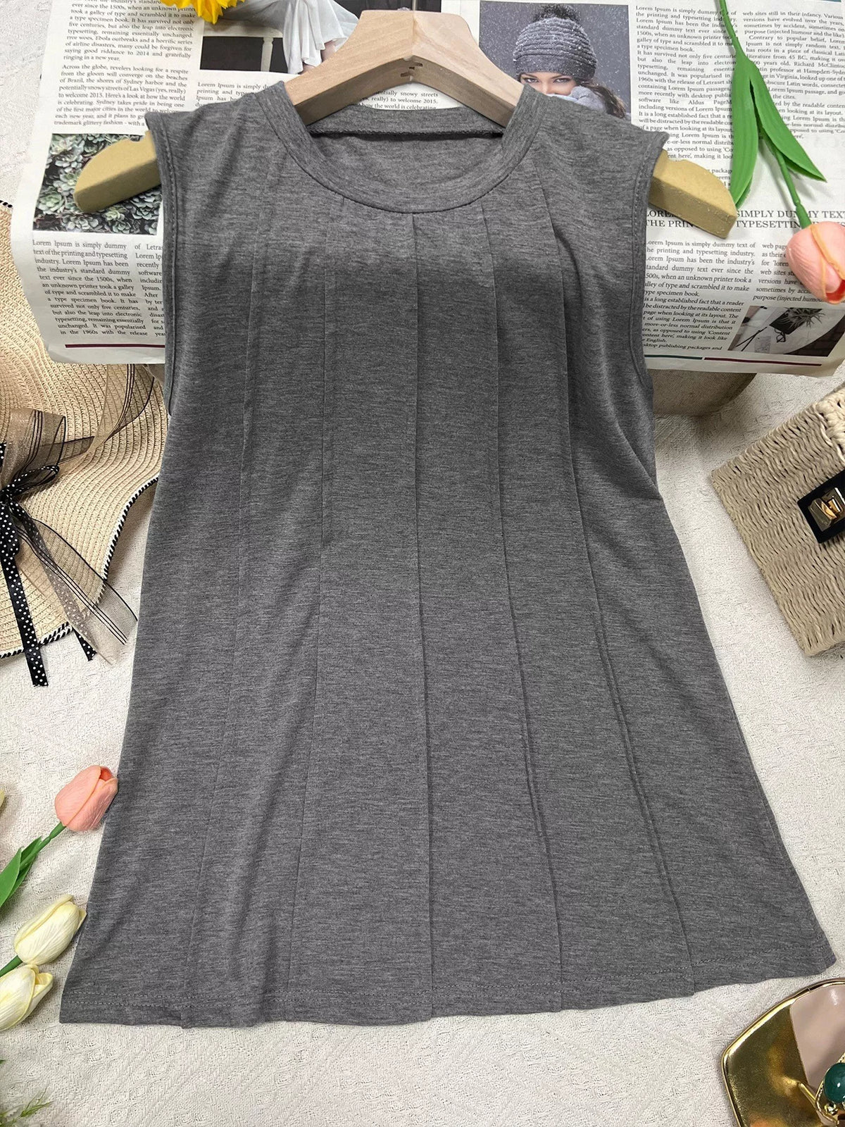 Plush Fashion Hub round neck tank top in a plush fabric with a fitted design, shown in a neutral color.